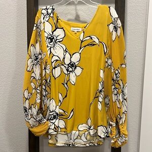 Calvin Klein Floral Print V-Neck Long Sleeve Blouse Size M